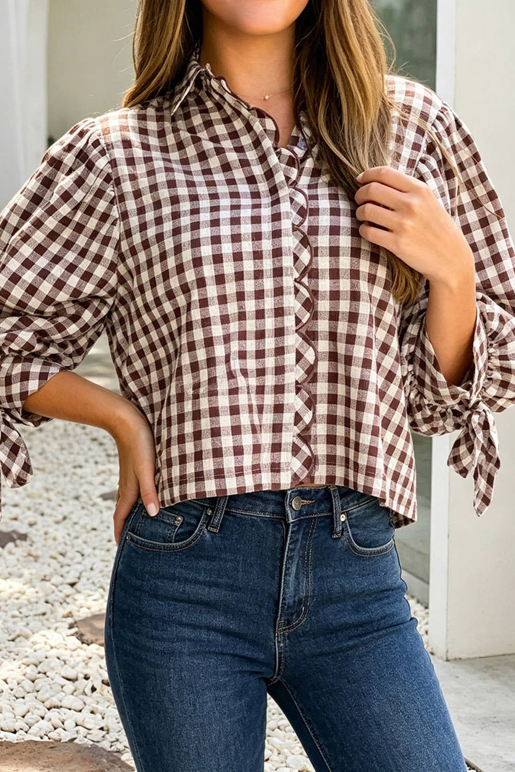 Brown Plaid Knot Half Sleeve Button Down Shirt