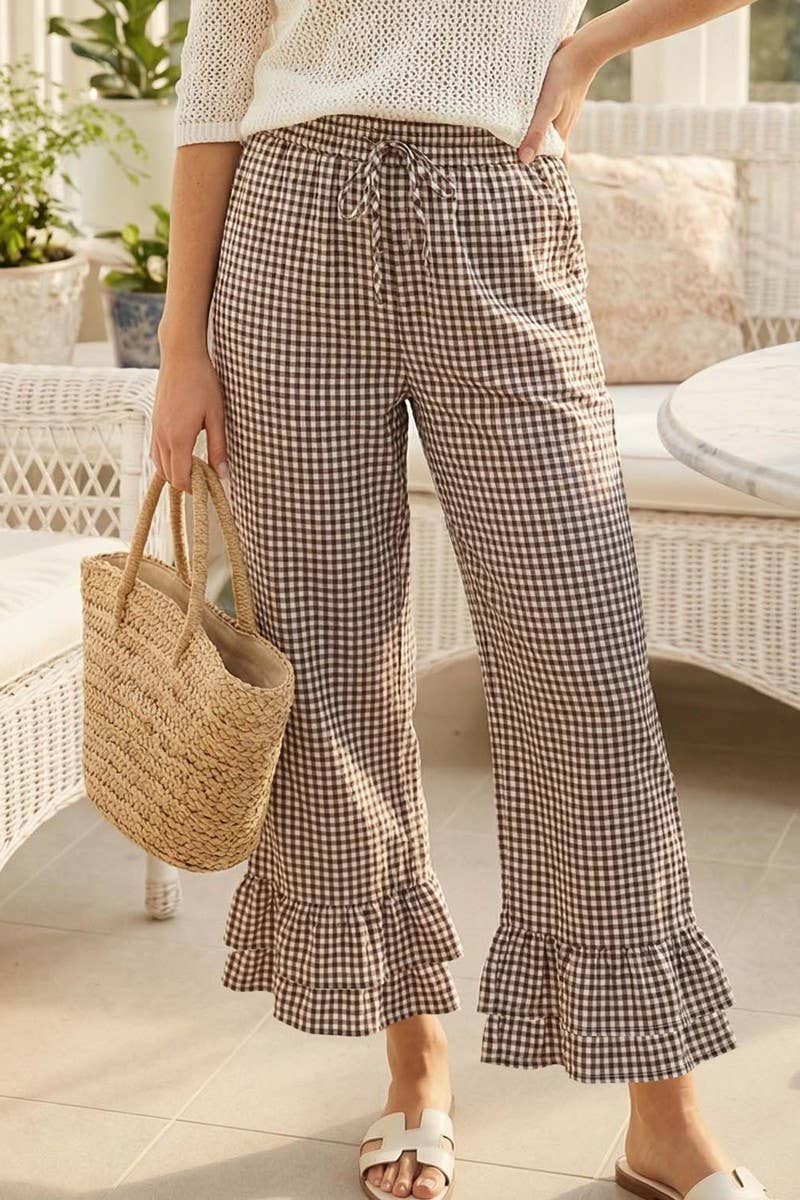 Brown Gingham Ruffled Hem Cropped Pants