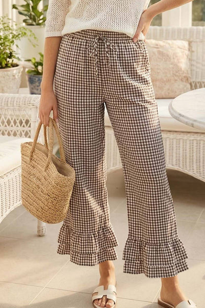 Brown Gingham Ruffled Hem Cropped Pants