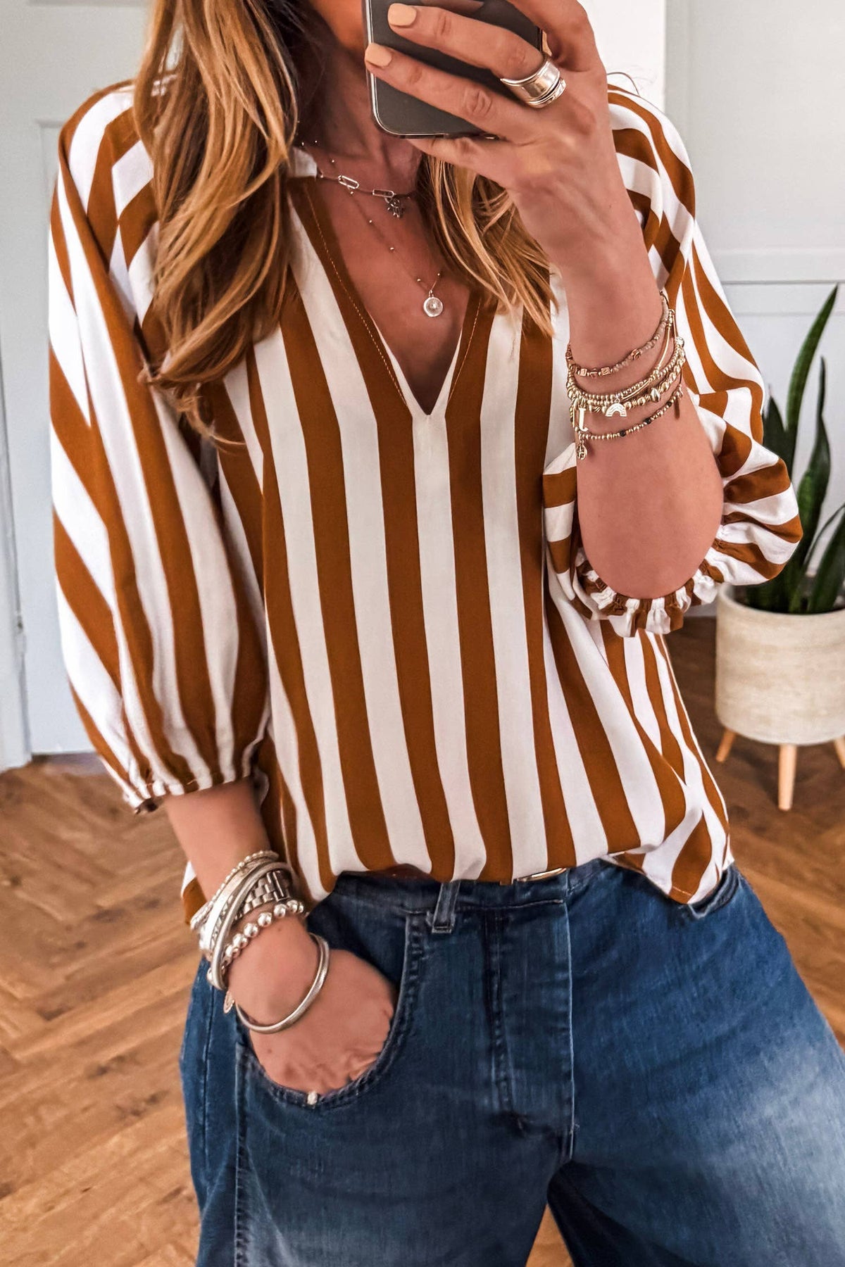 Brown Striped V Neck Half Sleeve Blouse