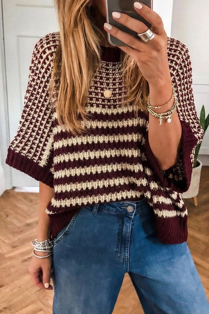 Brown Stripe 3/4 Draped Sleeve Slouchy Sweater
