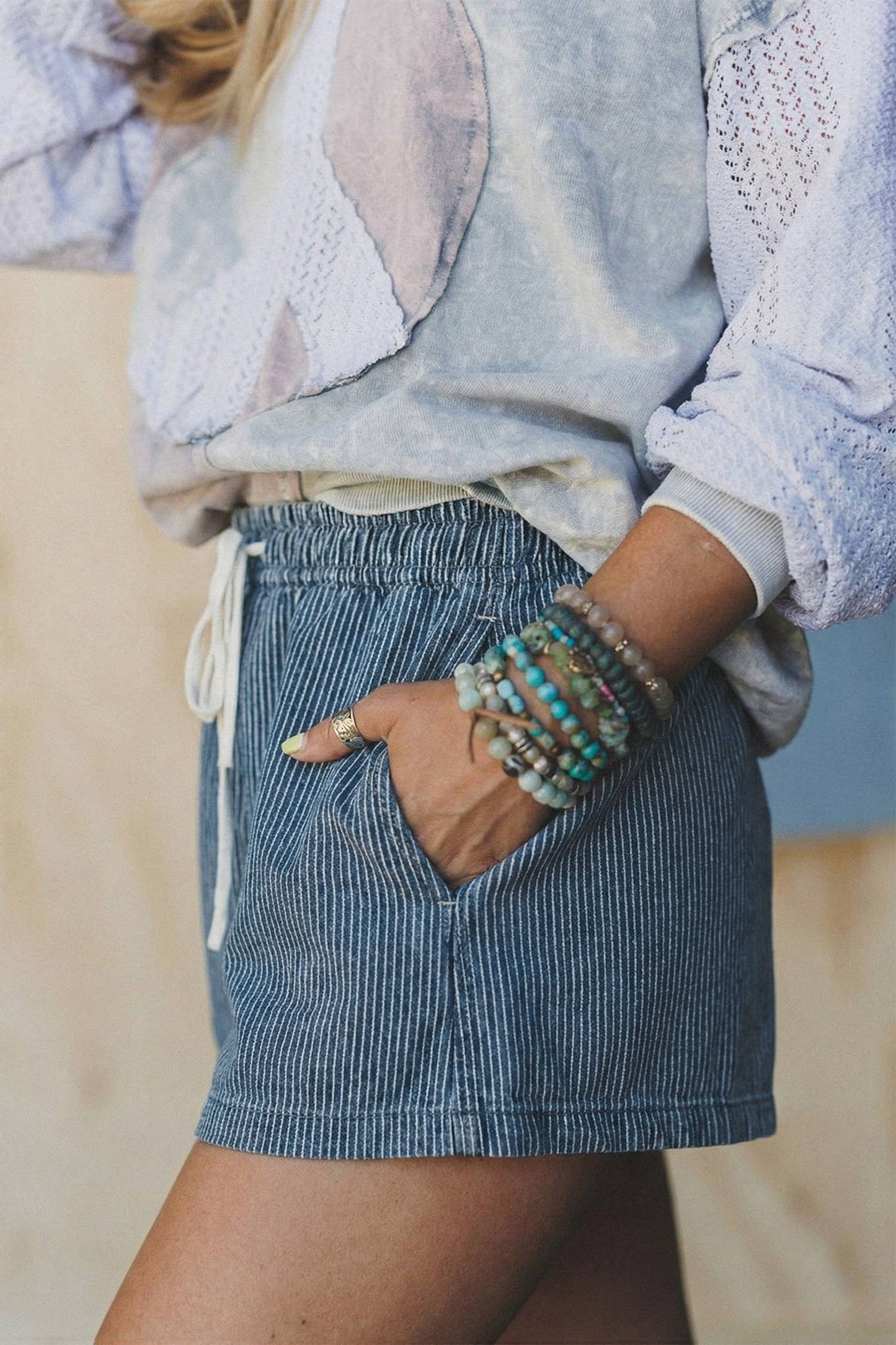 Striped Elastic Waist Casual Denim Shorts
