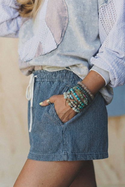 Striped Elastic Waist Casual Denim Shorts