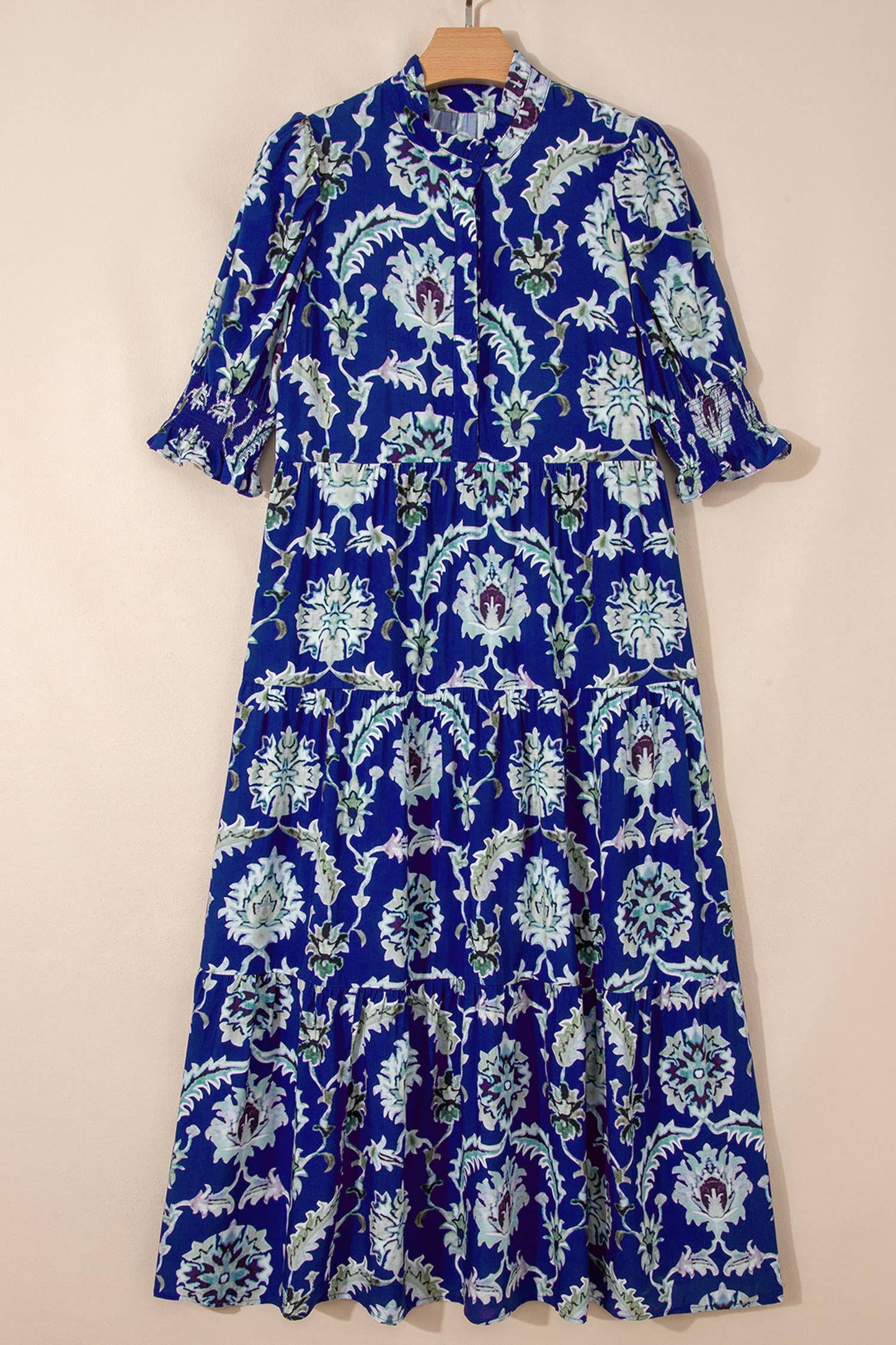 Blue Floral Print Frilled Collar Half Sleeve Long Dress