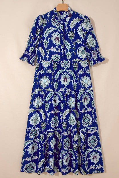 Blue Floral Print Frilled Collar Half Sleeve Long Dress