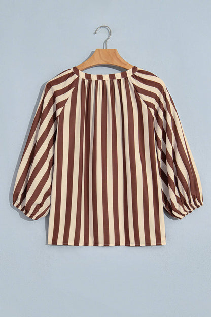 Brown Striped V Neck Half Sleeve Blouse