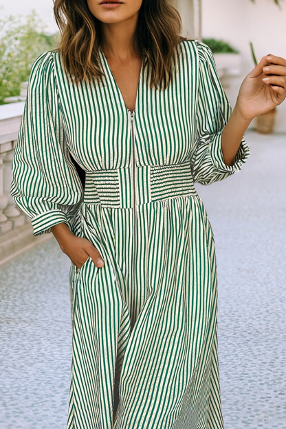 Green Stripe V Neck Zip Front Cinched High Waist Midi Dress
