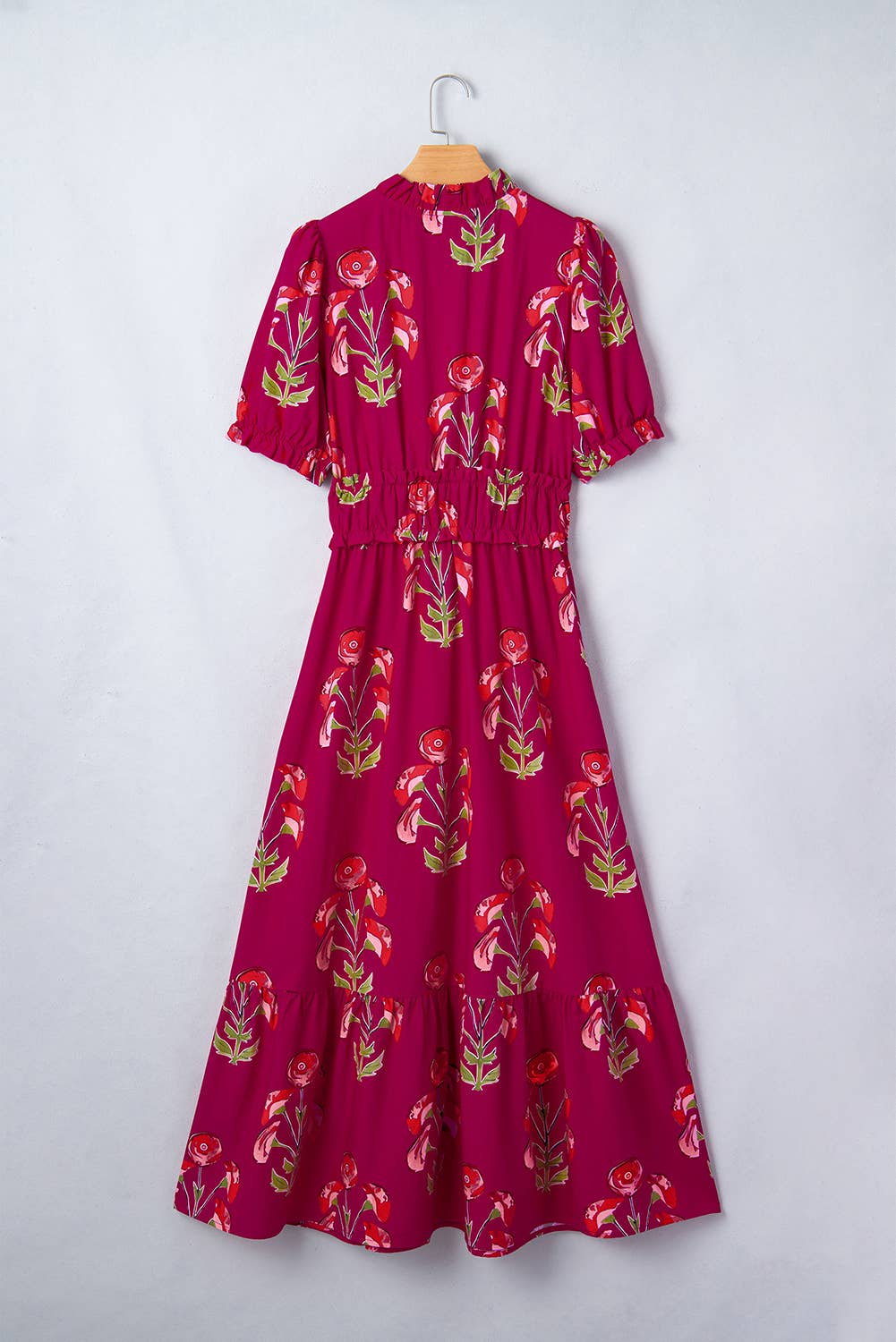 Red Floral Short Sleeve Ruffle Maxi Dress