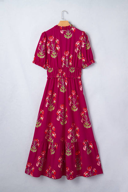 Red Floral Short Sleeve Ruffle Maxi Dress