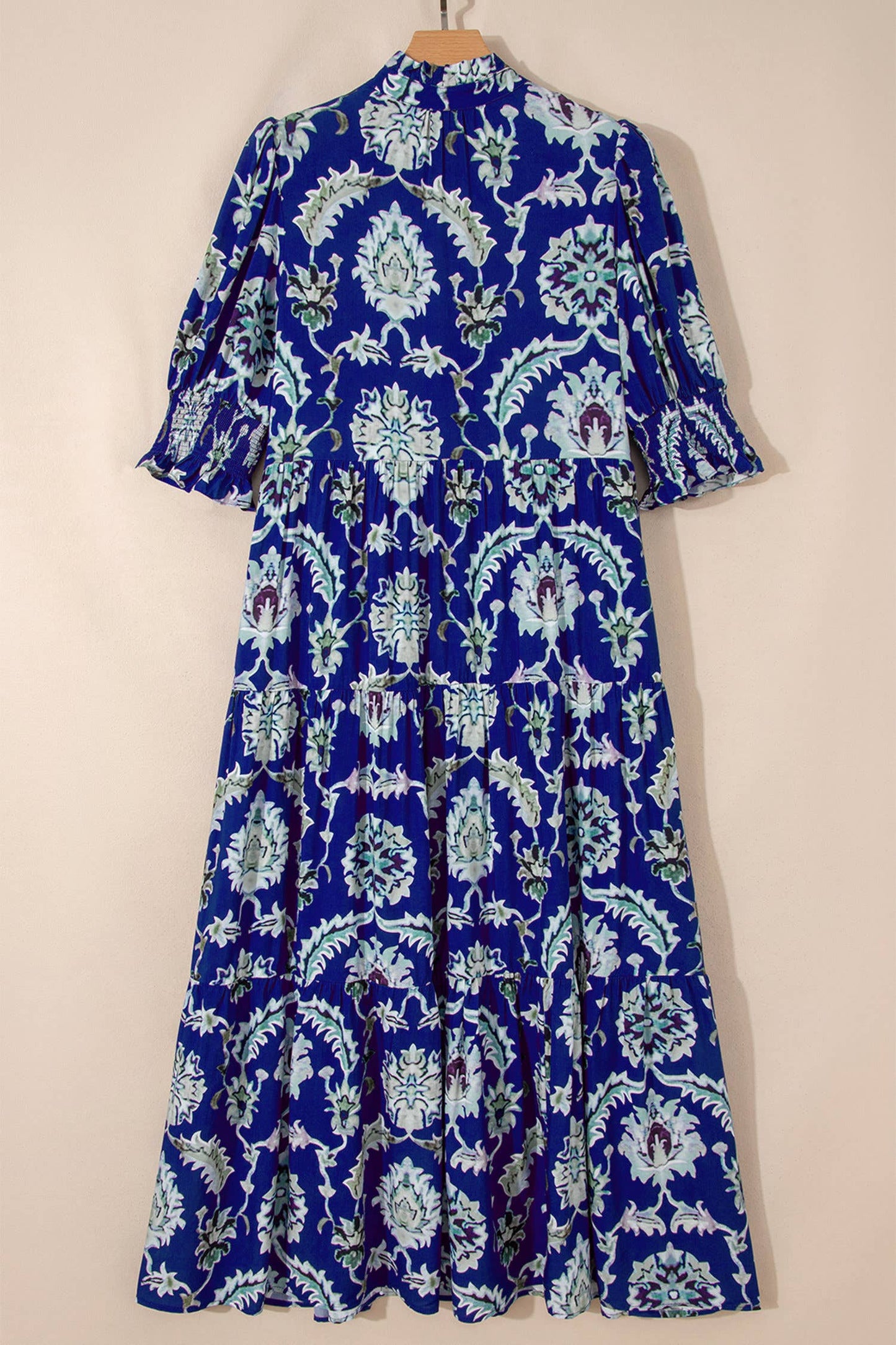 Blue Floral Print Frilled Collar Half Sleeve Long Dress