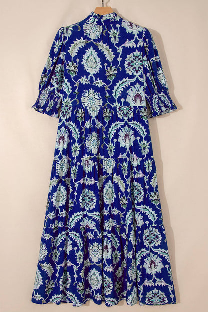 Blue Floral Print Frilled Collar Half Sleeve Long Dress