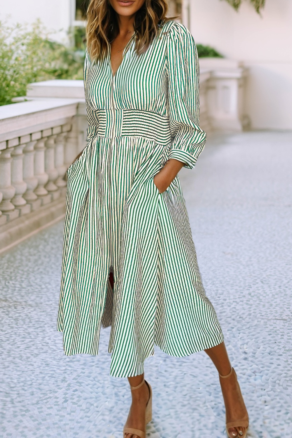 Green Stripe V Neck Zip Front Cinched High Waist Midi Dress