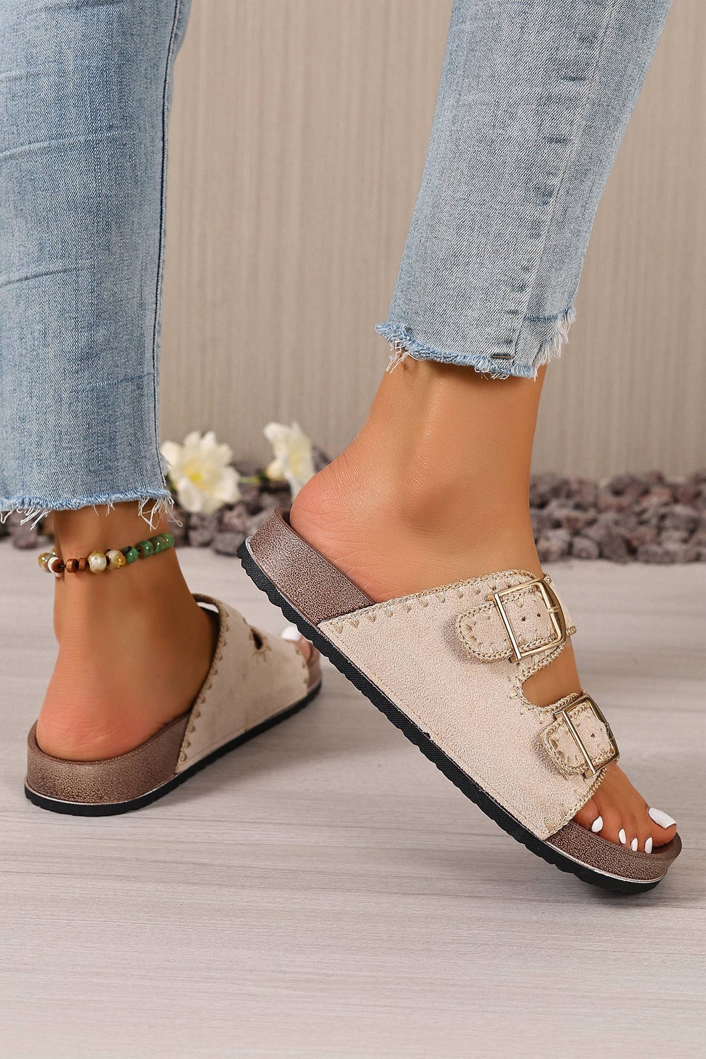 Embroidered Trim Faux Suede Buckle Sandals