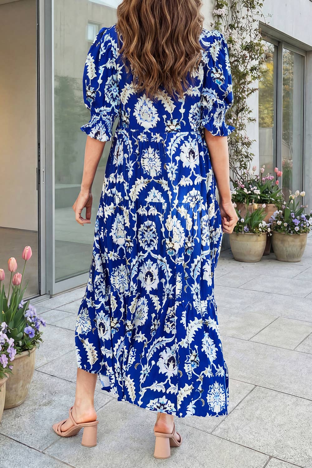 Blue Floral Print Frilled Collar Half Sleeve Long Dress