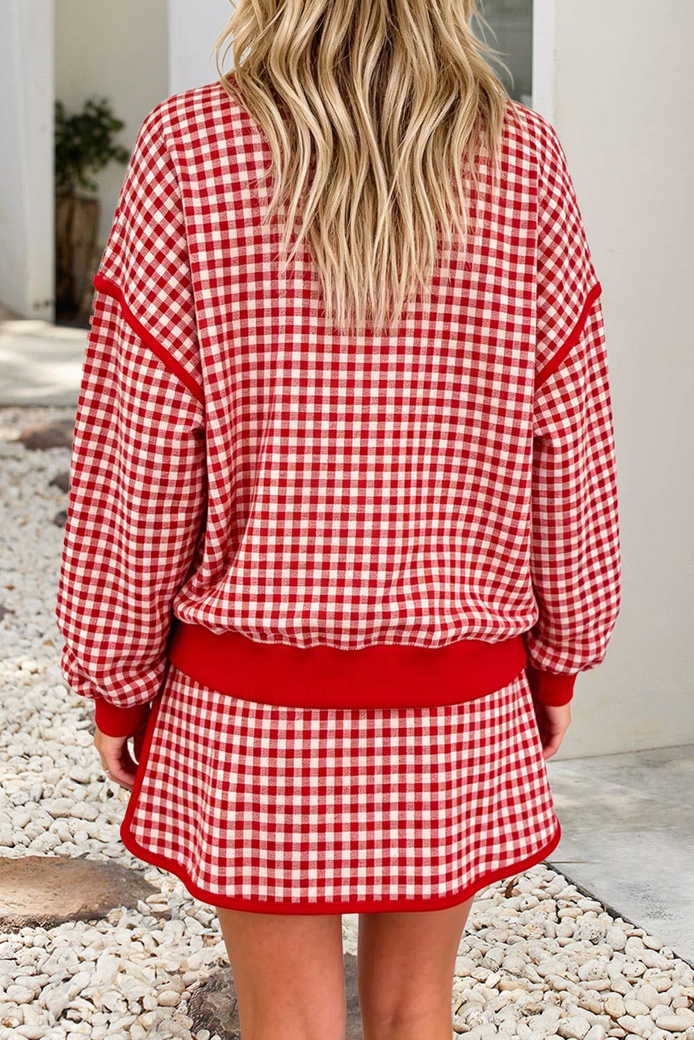 Red Gingham Oversized Crew Neck Top and Skirt Set