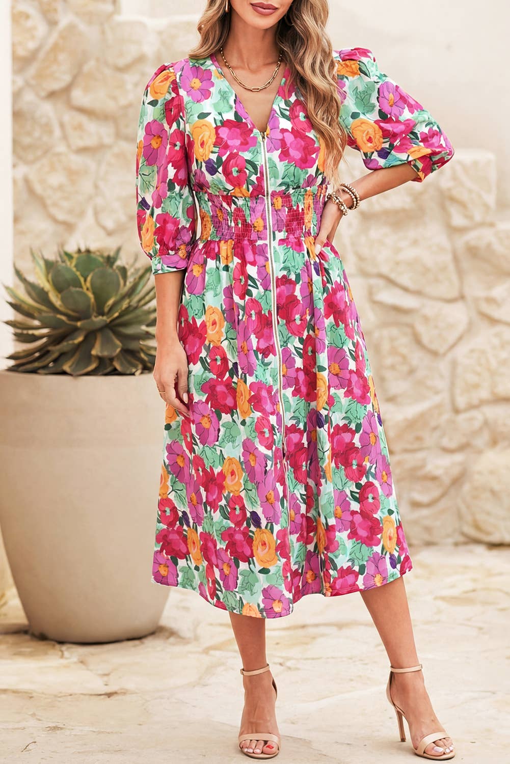 Floral Print Zip Up Half Sleeve Dress
