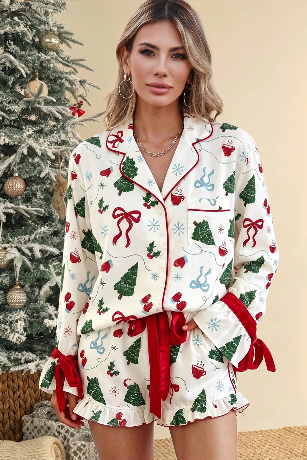 Christmas Print Ruffle Cuff Long Sleeve Lounge Set