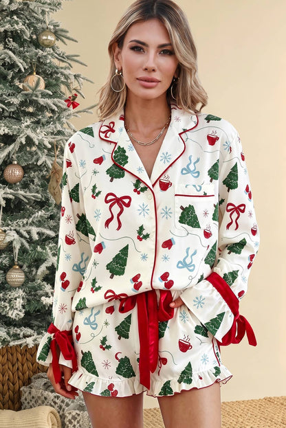 Christmas Print Ruffle Cuff Long Sleeve Lounge Set