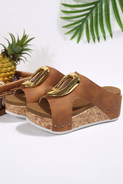 Retro Suede Cutout Gold Buckle Platform Wedge Sandals
