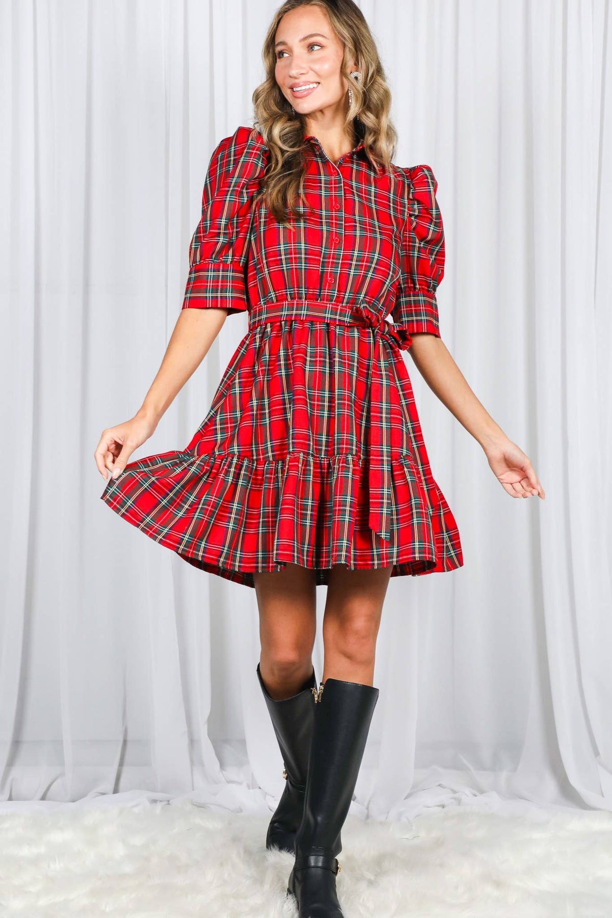 Red Plaid Short Puff Sleeve Mini Dress