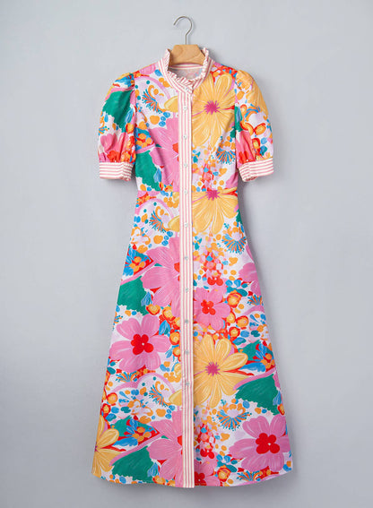 Pink Floral Print Button Down Midi Dress