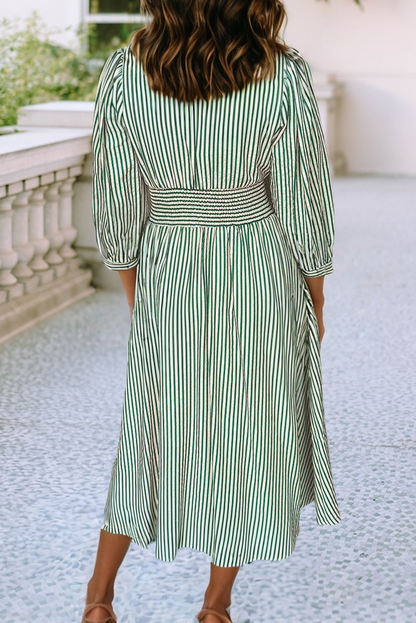 Green Stripe V Neck Zip Front Cinched High Waist Midi Dress