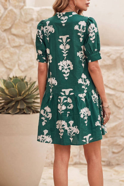 Green V Neck Puff Sleeve Floral Mini Dress