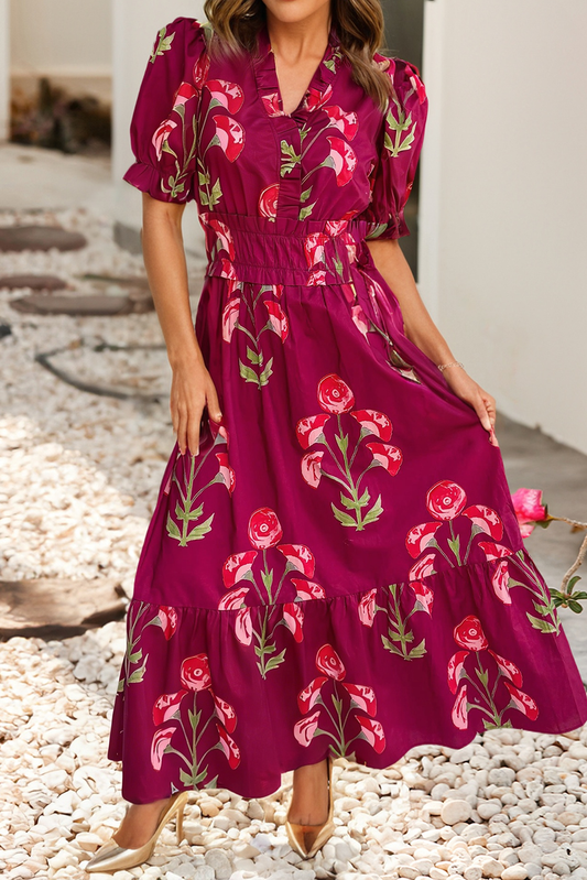 Red Floral Short Sleeve Ruffle Maxi Dress