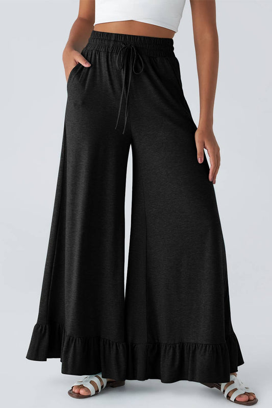 Ruffled Wide Leg Pull On High Waist Pants