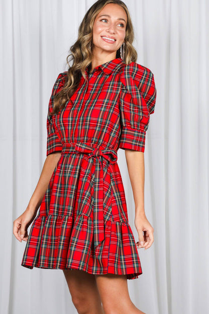 Red Plaid Short Puff Sleeve Mini Dress