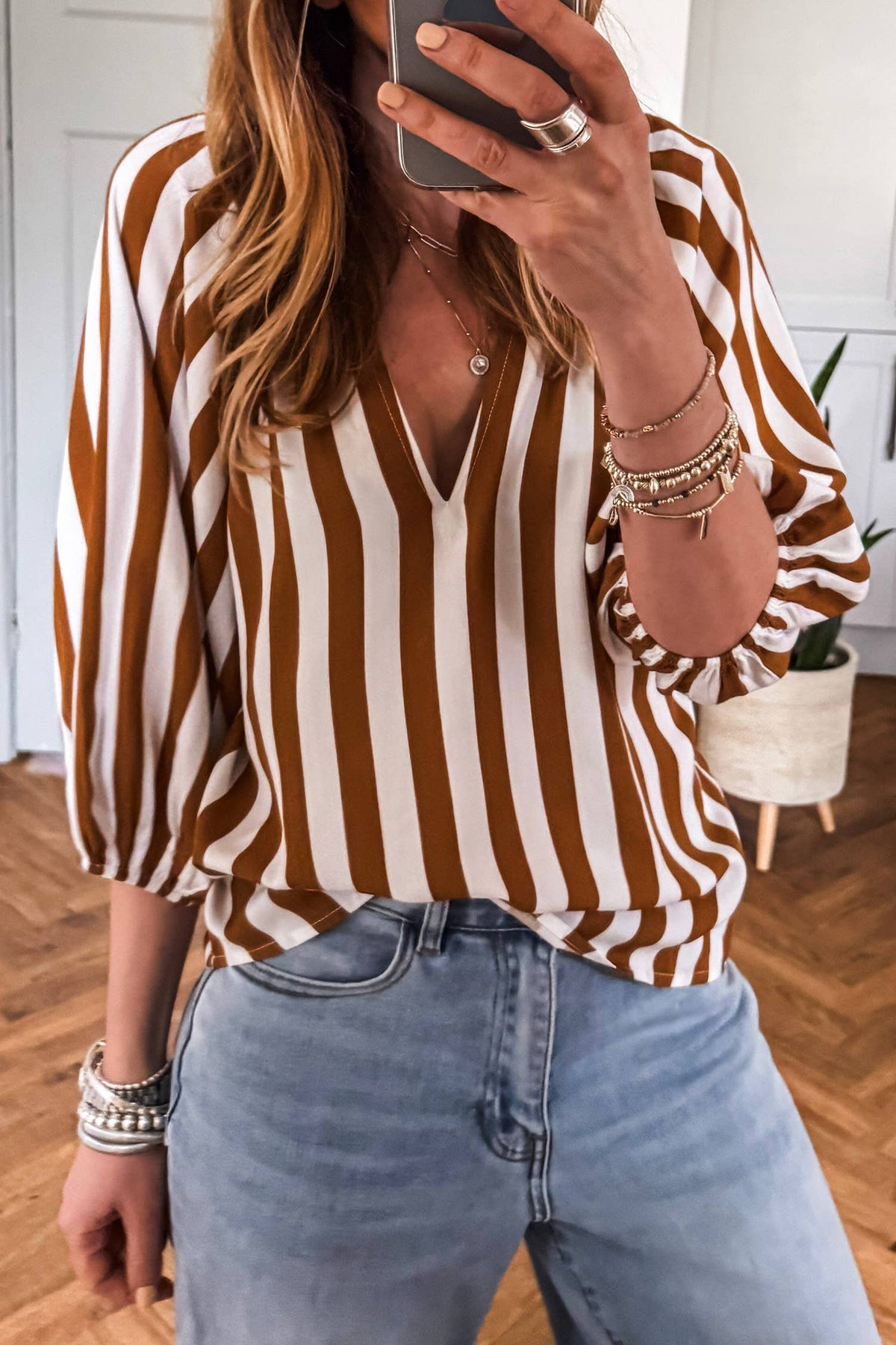 Brown Striped V Neck Half Sleeve Blouse