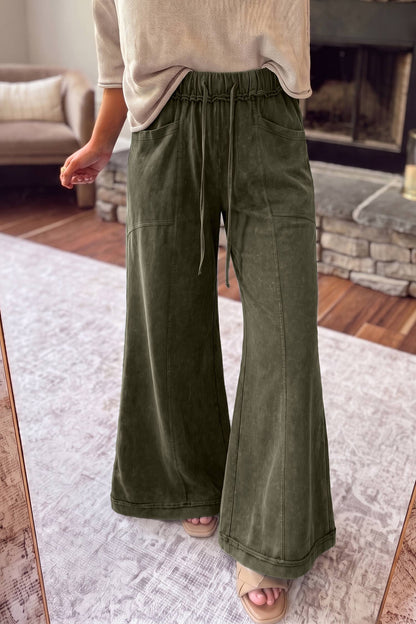 Green Mineral Wash Seam Detail Flare Leg Drawstring Pants