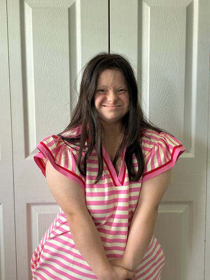 Striped Split Neck Short Dress