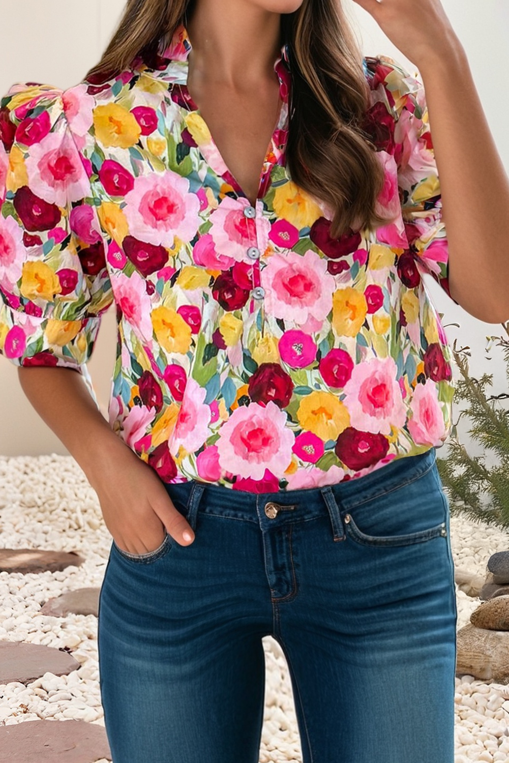 Spring Floral Frilled V Neck Puff Short Sleeve Blouse