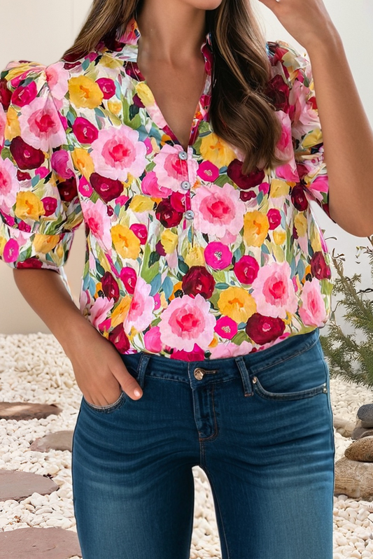 Spring Floral Frilled V Neck Puff Short Sleeve Blouse