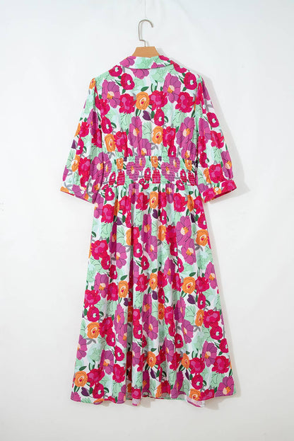 Floral Print Zip Up Half Sleeve Dress