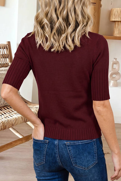 Burgundy Ribbed Trim High Neck Short Sleeve Casual Sweater