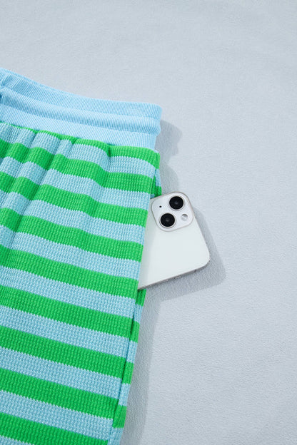 Striped Spring Puff Sleeve Shirt Matching Shorts Set