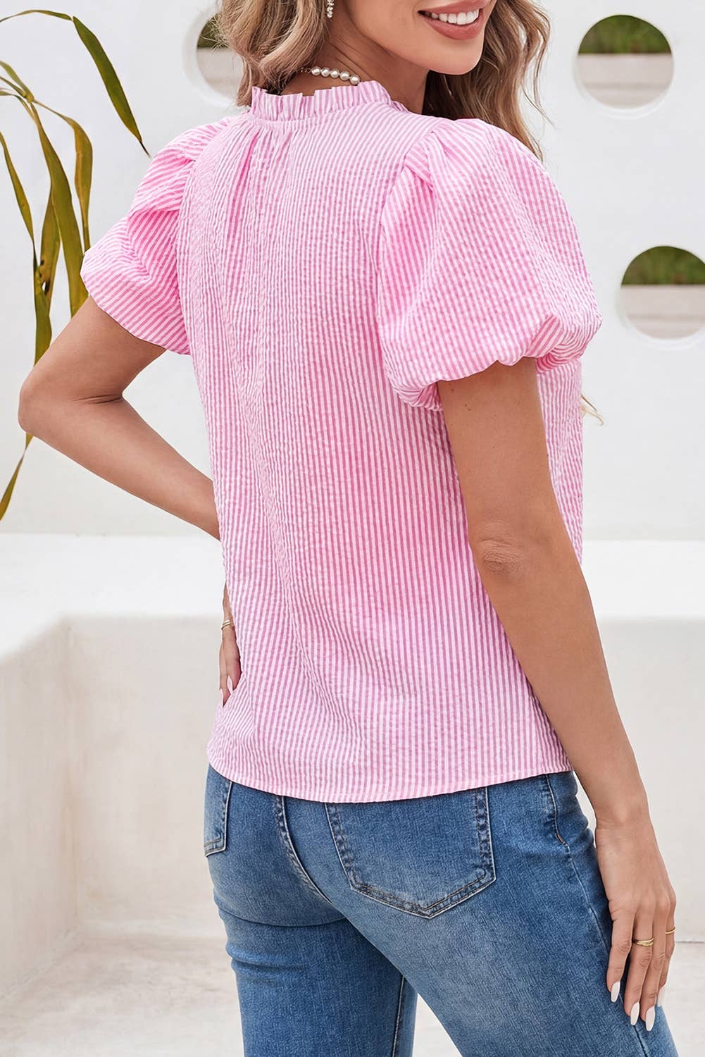 Striped Short Bubble Sleeve Split V Neck Blouse
