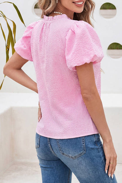Striped Short Bubble Sleeve Split V Neck Blouse