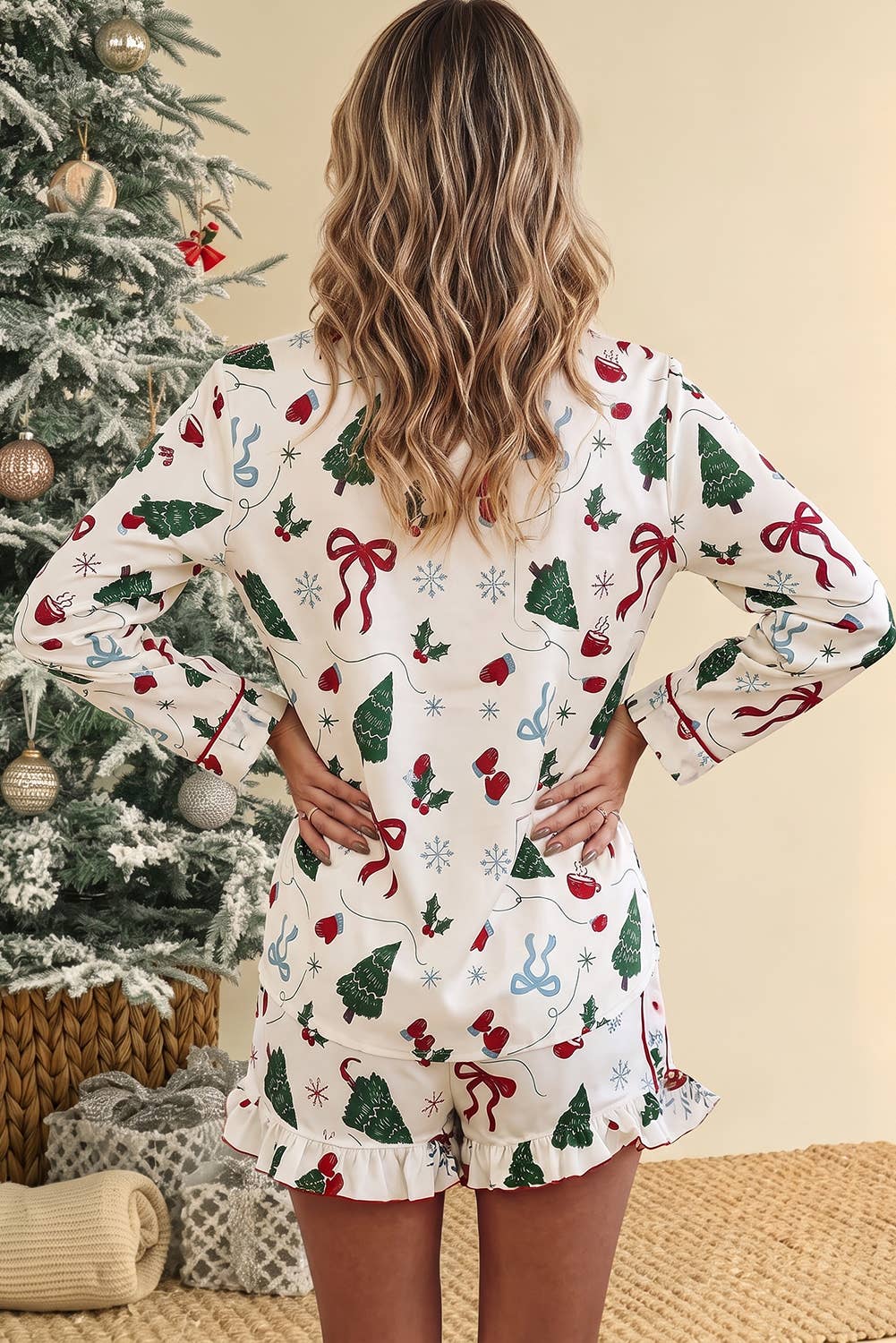 Christmas Print Ruffle Cuff Long Sleeve Lounge Set