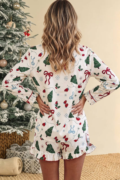 Christmas Print Ruffle Cuff Long Sleeve Lounge Set