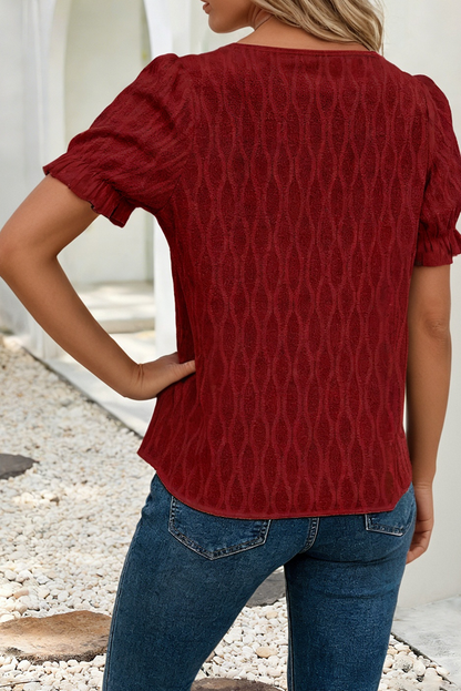 Wine Color Textured Notched Neck Puff Sleeve Blouse