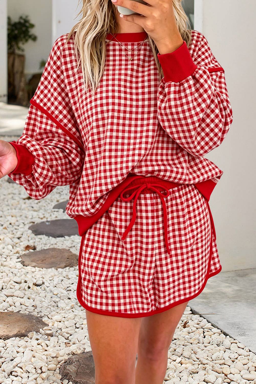 Red Gingham Oversized Crew Neck Top and Skirt Set