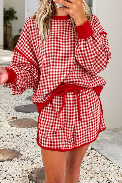 Red Gingham Oversized Crew Neck Top and Skirt Set