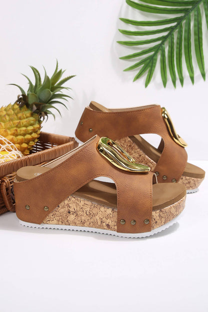Retro Suede Cutout Gold Buckle Platform Wedge Sandals
