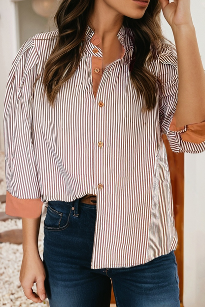 Khaki Color Block Patchwork Detail Frilled Collar Button Down