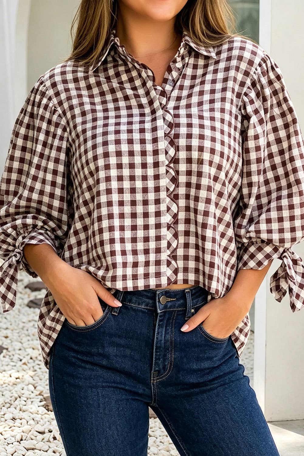 Brown Plaid Knot Half Sleeve Button Down Shirt