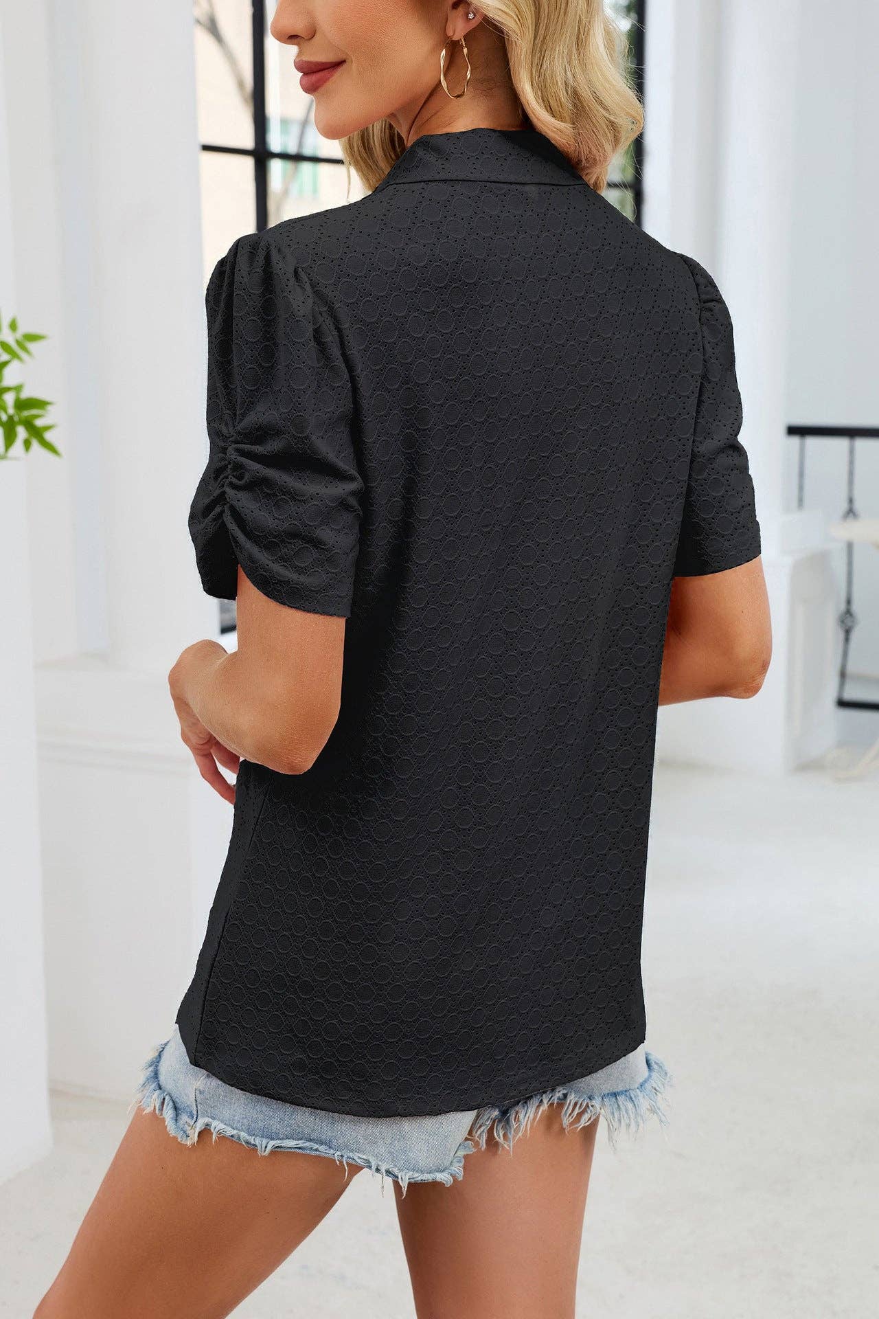 Polo Knit Puff Sleeve Top