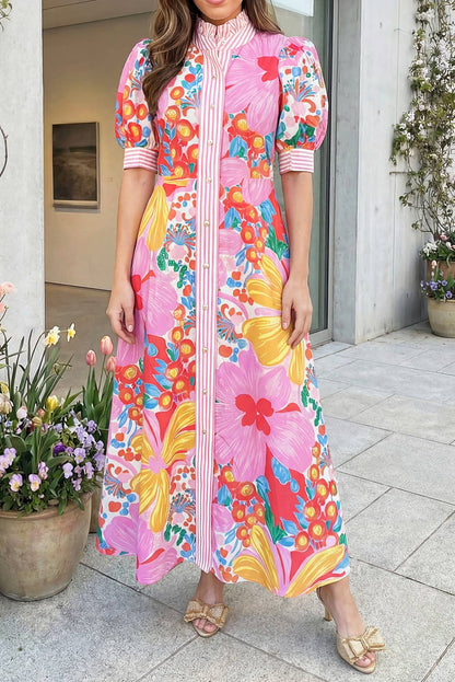 Pink Floral Print Button Down Midi Dress